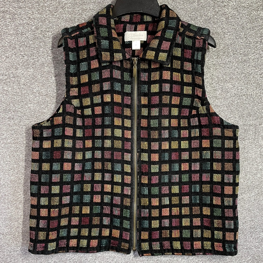 CJ Banks Tapestry Zip Front Vest Multi Color Grid Pattern Size X
